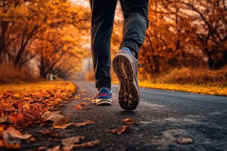Close up of feet of a runner running in autumn leaves training for marathon and fitness healthy lifestyleの素材