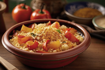 A bowl with migas on a wooden table, a traditional dish in the Spanish cuisine made with breadcrumbsの素材