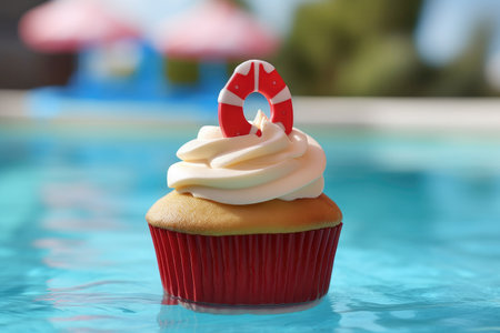 Summer cupcake with swimming pool defocused background. AI generative.の素材
