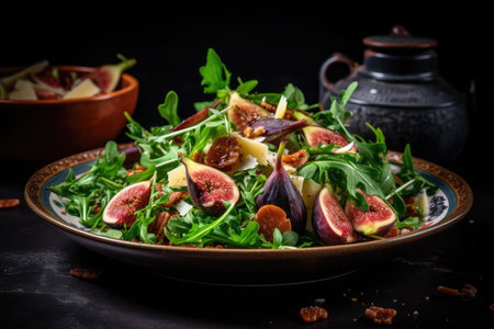 fresh autumn salad with figs, arugula, cheese and nuts on wooden tableの素材
