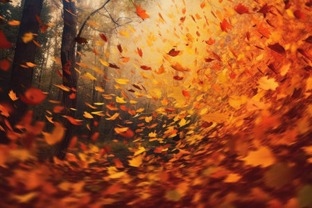 Autumn background with falling leaves in a forest.の素材