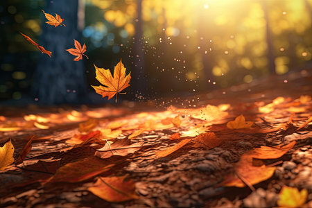Autumn background with falling leaves in a forest.の素材