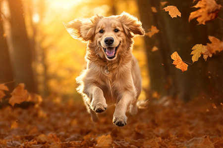Dog, golden retriever jumping through autumn leaves in autumn sunlightの素材