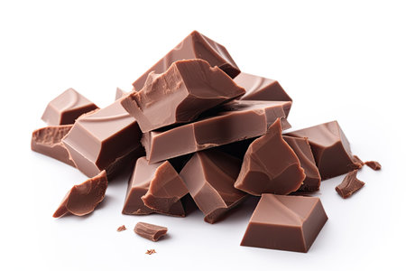 Chocolate pieces isolated on white background. AI generative.の素材