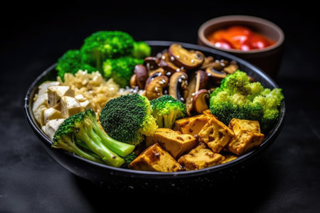 Buddha bowl of mixed vegetables, tofu cheese and groat on a black background. Gourmet and nutritious vegan meal. Healthy eating conceptの素材