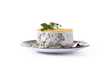 Russian salad or Olivier salad for Christmas dinner isolated on white backgroundの写真素材