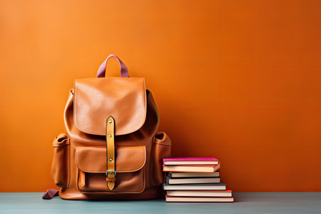 Stylish backpack with different school stationery on table indoors. Space for textの素材