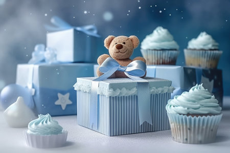 Blue theme baby boy cupcakes and baby favor gift boxes against blue background for baby shower or new born nursery greeting card concept.の素材