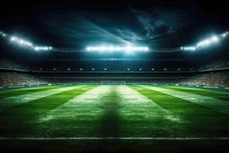 empty football stadium at night with the spotlights onの素材