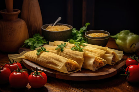 Mexican corn and chicken tamales on wooden table. AI generative.の素材