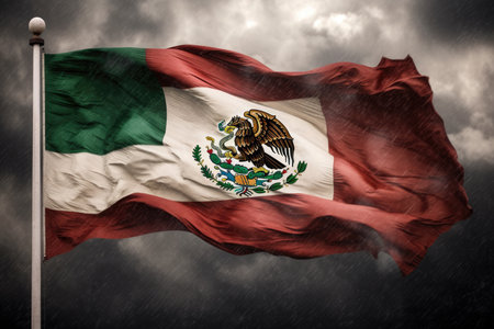 Mexican flag blowing in the wind. AI generative.の素材