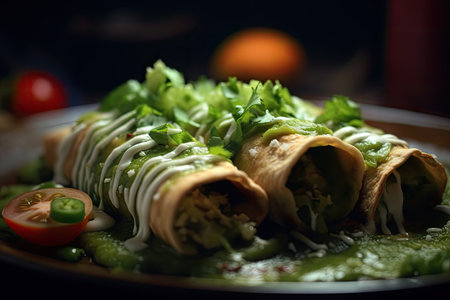 Traditional Mexican enchiladas on wooden table. AI generative.の素材
