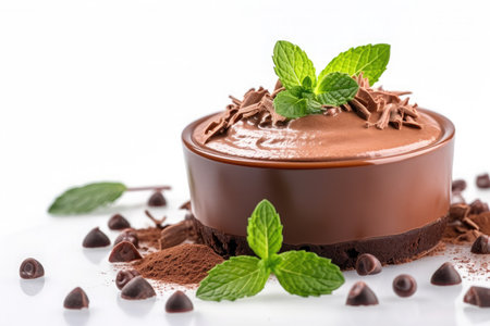 Chocolate mousse with garnished with mint leaves isolated on white background. Oh generative.の素材