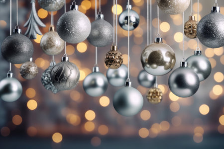 silver and gold christmas balls hanging with defocused lights backgroundの素材