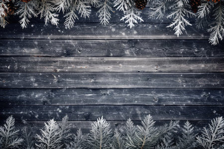 old planked wood board with pine tree branch and decorationの素材