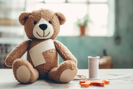 Teddy bear with a wound dress, wound and broken hands. Sleeping in bed. Sickness of childrenの素材