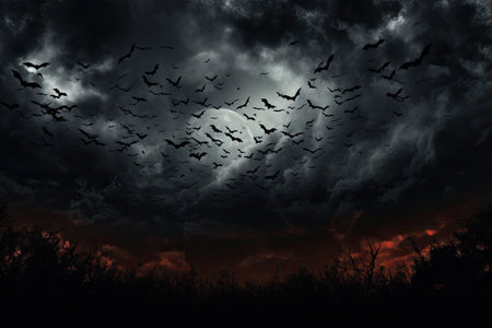 scary night sky with full moon, clouds and bats. background halloweenの素材