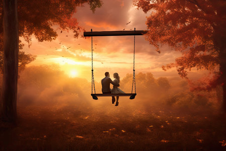 couple in love on a swing with an autumn landscapeの素材