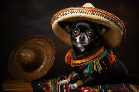 dog of the chihuahua breed with a mexican hatの素材
