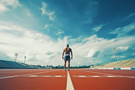 african american athlete ready to run on a running trackの素材