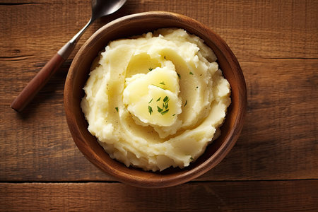 mashed potatoes in a bowl on rustic wooden background. top viewの素材