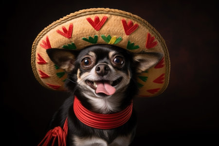 Portrait of a happy and smiling dog of the chihuahua breed with a mexican hat on black backgroundの素材