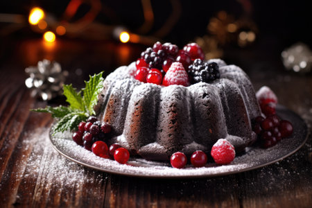 christmas chocolate bundt cake decorated with berries on wooden tableの素材