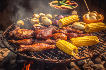 Barbecue with chicken, meat and corn. AI generative.の素材
