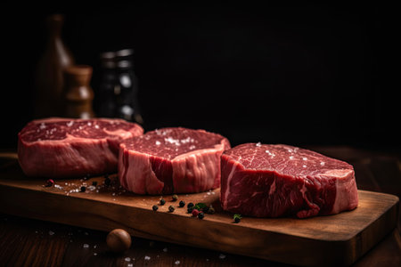 raw beef fillet mignon steak with salt and herbs on cutting board and black backgroundの素材