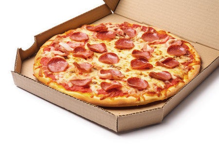 Traditional pepperoni pizza in delivery box isolated on white backgroundの素材