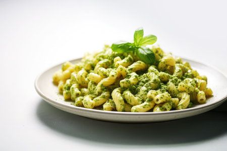 macaroni with pesto sauce on a plate on white backgroundの素材