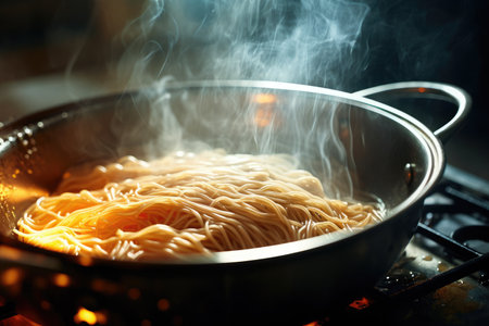 cooking spaghetti in a hot pot coming out of smokeの素材