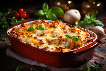 traditional meat lasagna in casserole on rustic wooden tableの素材