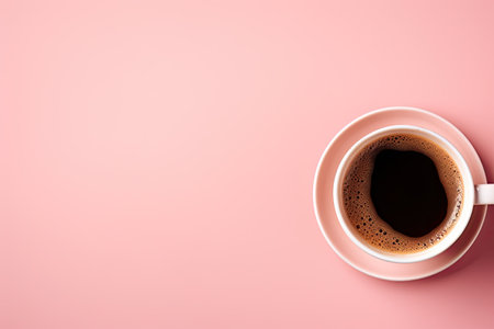 hot coffee in mug on pink background. top view. copy spaceの素材