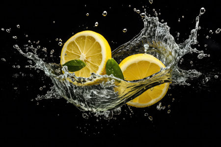 lemon slice water splash isolated on black backgroundの素材
