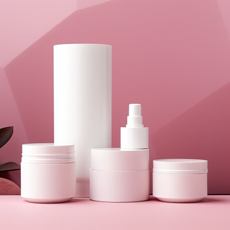 Blank white cosmetic skincare makeup containers on pink backgroundの素材