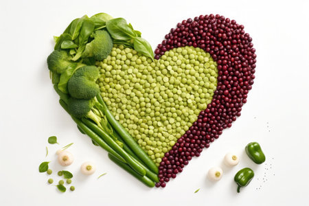 Lentils and green beans forming a heart on a white background. healthy food conceptの素材
