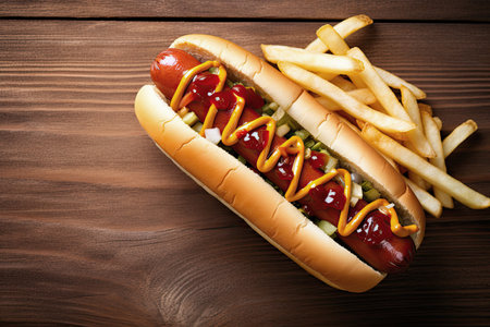 hot dog with mustard and ketchup sauce and vegetables on wooden tableの素材