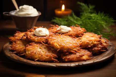 Traditional Jewish latkes or potato pancakes on wooden tableの素材