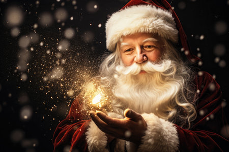 Santa Claus showing a bright and magical light with his handsの素材
