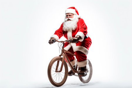santa claus riding a bike isolated on white backgroundの素材