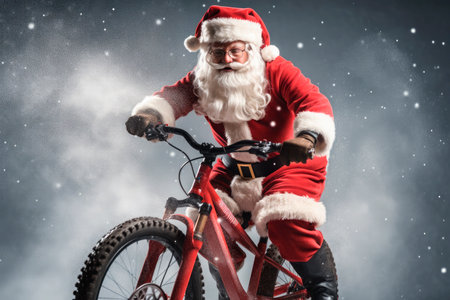 santa claus riding a bike isolated on snowの素材