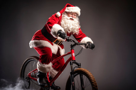 santa claus riding a mountain bike on brown backgroundの素材