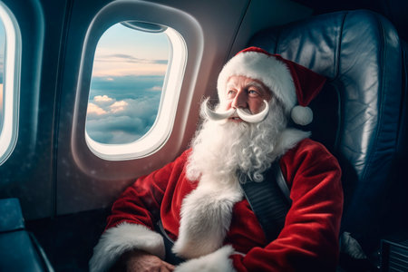 santa claus traveling by plane in first classの素材