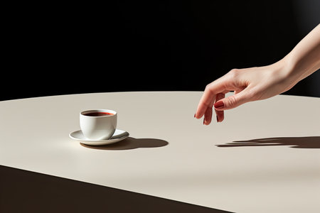 woman's hand reaching for a cup of coffee on white table and black backgroundの素材