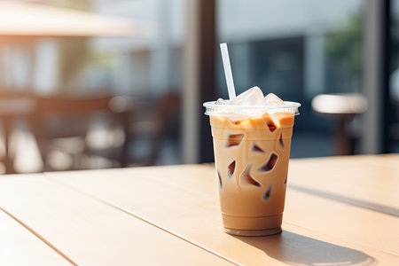 Fresh iced latte coffee on wooden table. summer drinkの素材