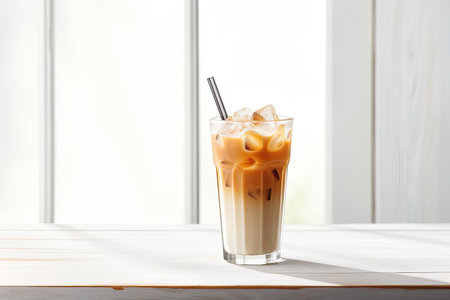 Fresh iced latte coffee on white wooden table. summer drinkの素材