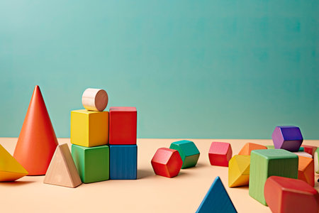 Colorful wooden toy blocks on wooden table in the Children's room.の素材