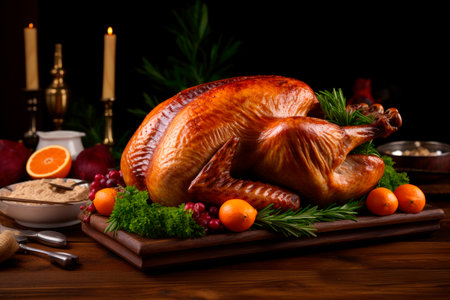 Thanksgiving dinner with roasted turkey on rustic wooden table. autumnal or christmas decoration.の素材