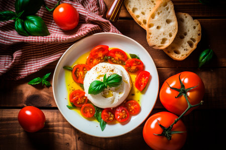 Fresh burrata cheese with tomatoes and olive oil on wooden tableの素材